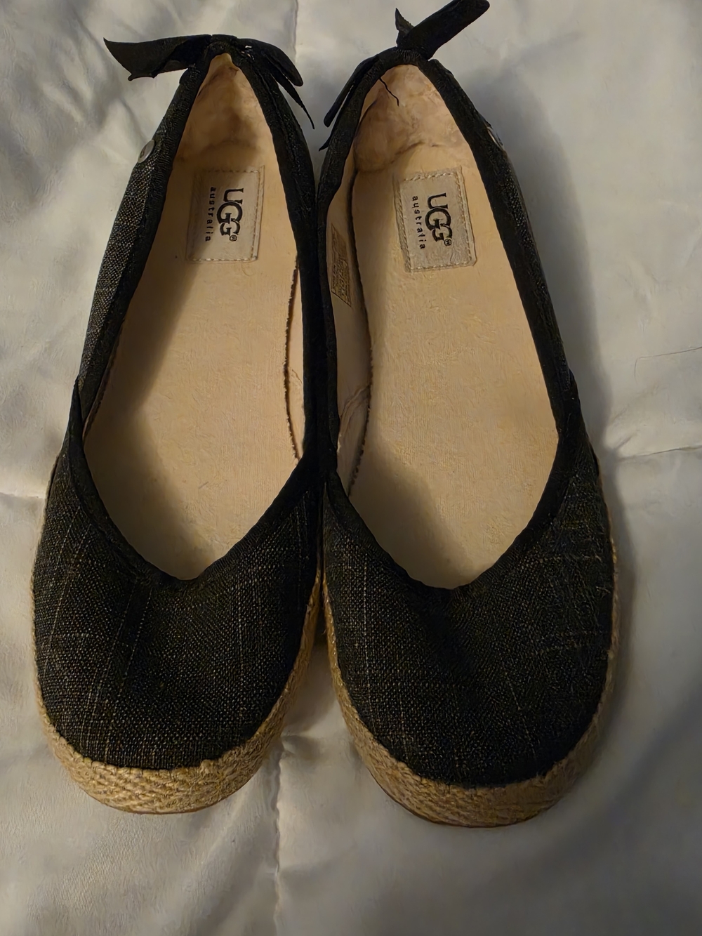 UGG Black Espadrille Ballet Flats with Jute Sole and Heel Bow